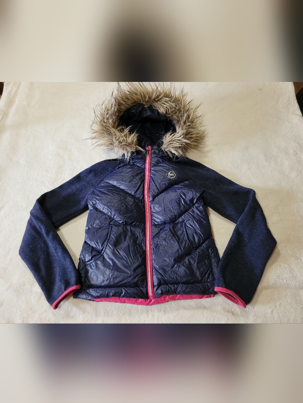 Michael Kors Navy Puffer Jacket with Faux Fur Hood and Pink Trim